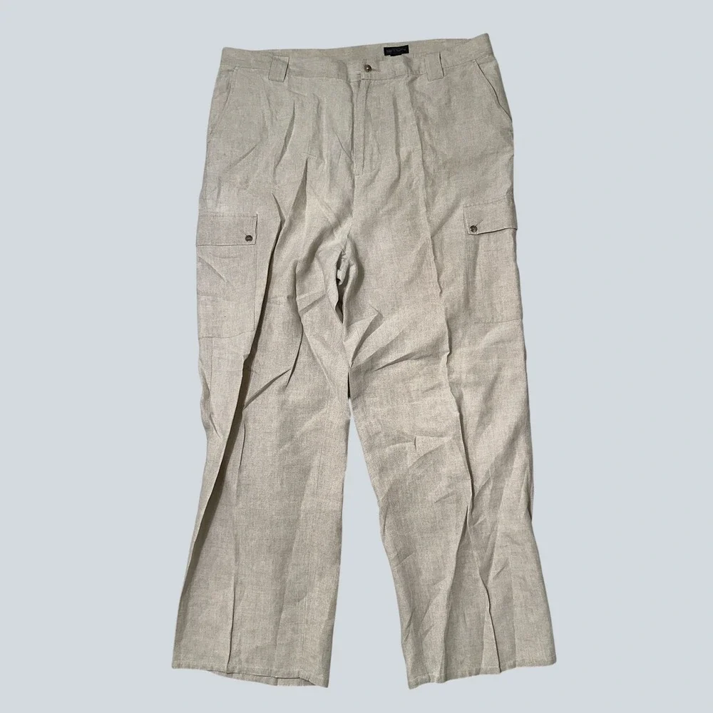 Biton Mens 100% Linen Cargo Pants Lot of 2 Olive Beige Size 42 Straight Leg